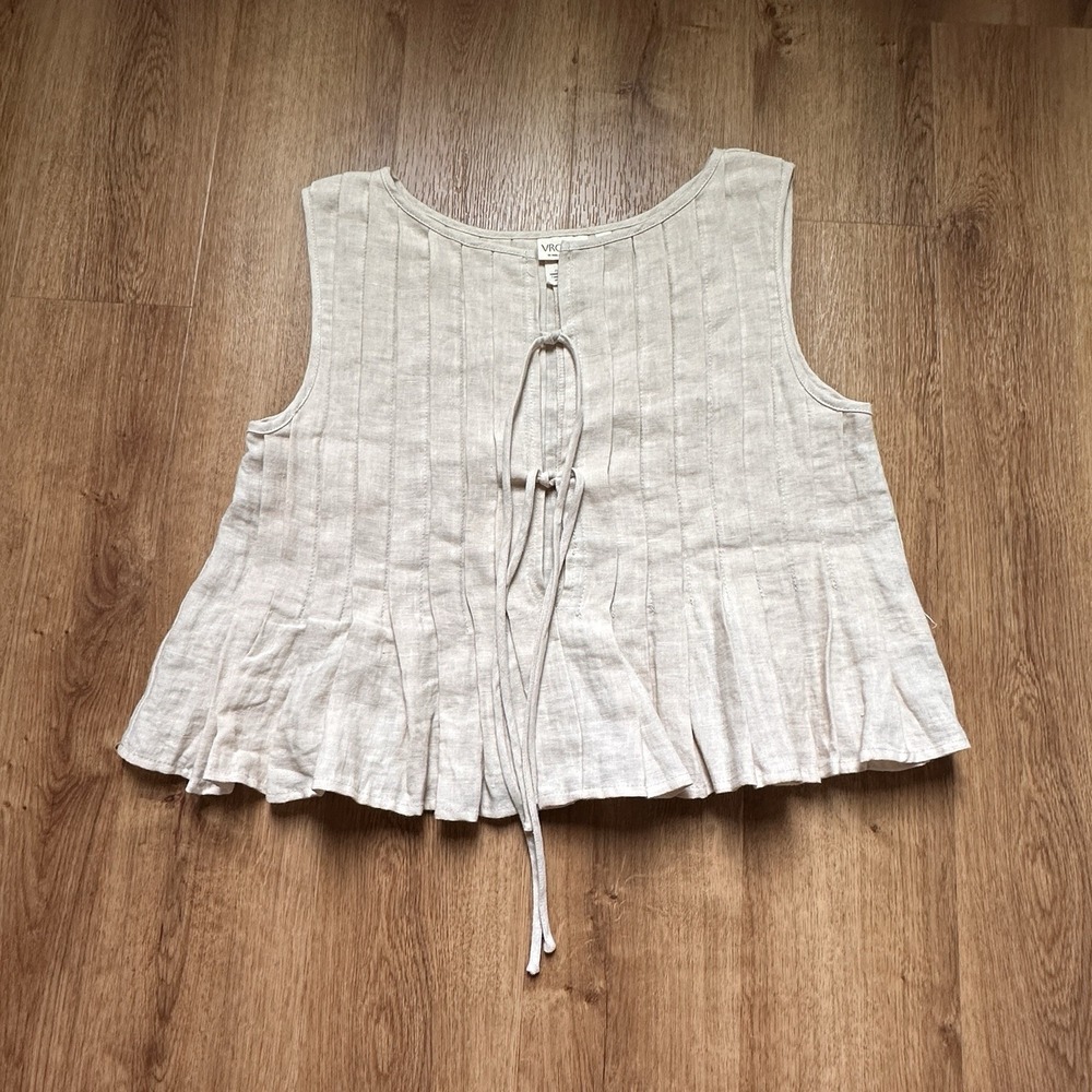 VRG GRL Women's 100% Linen Cream Tie Front Top Size 10